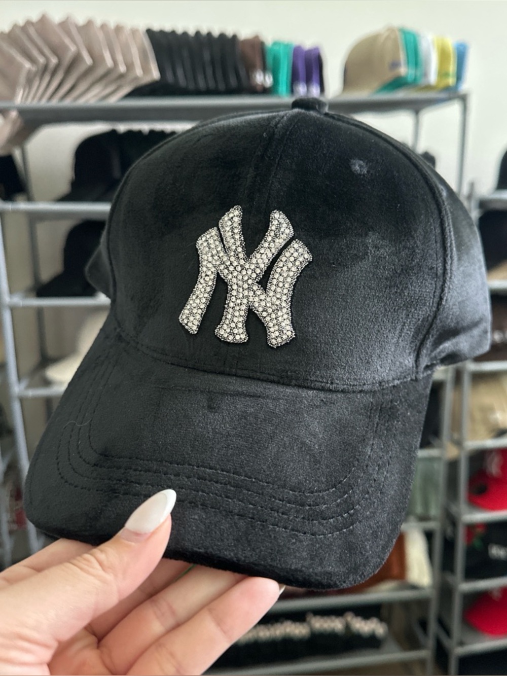 Black Crystal NY Logo Velvet Suede Baseball Cap - Picture 2 of 4
